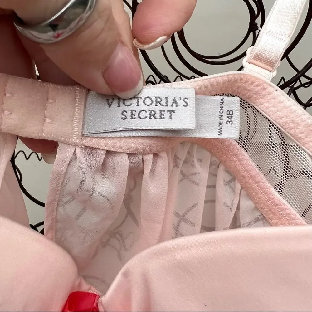 Y2K Victoria’s Secret pink sheer bra tulle open back teddy nightie neglige 34B
